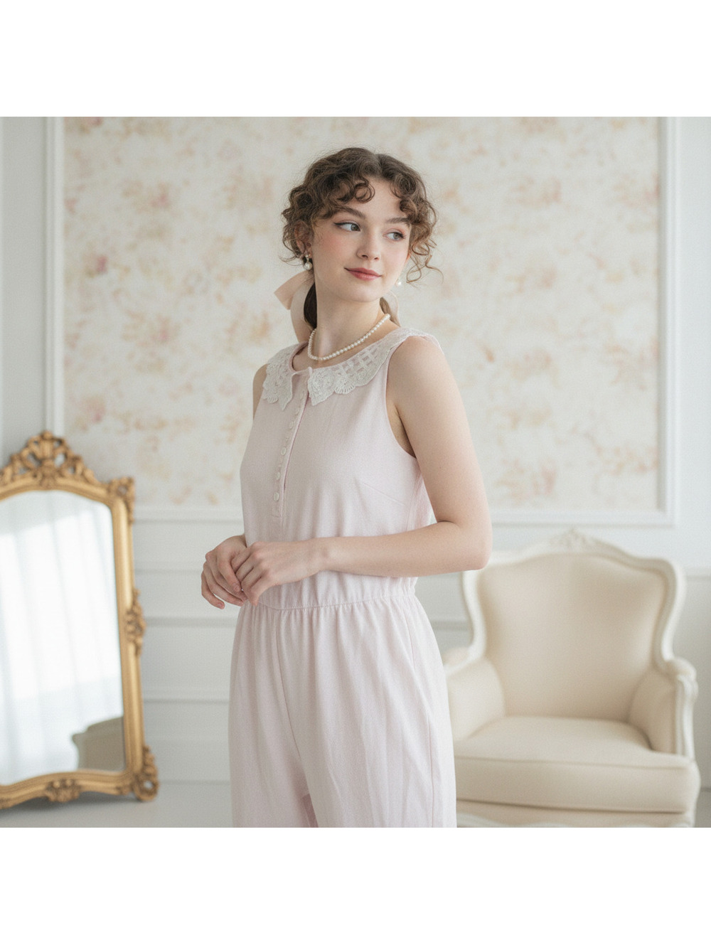 Vintage jumpsuit pj’s loungewear coquette balletcore collared pastel
